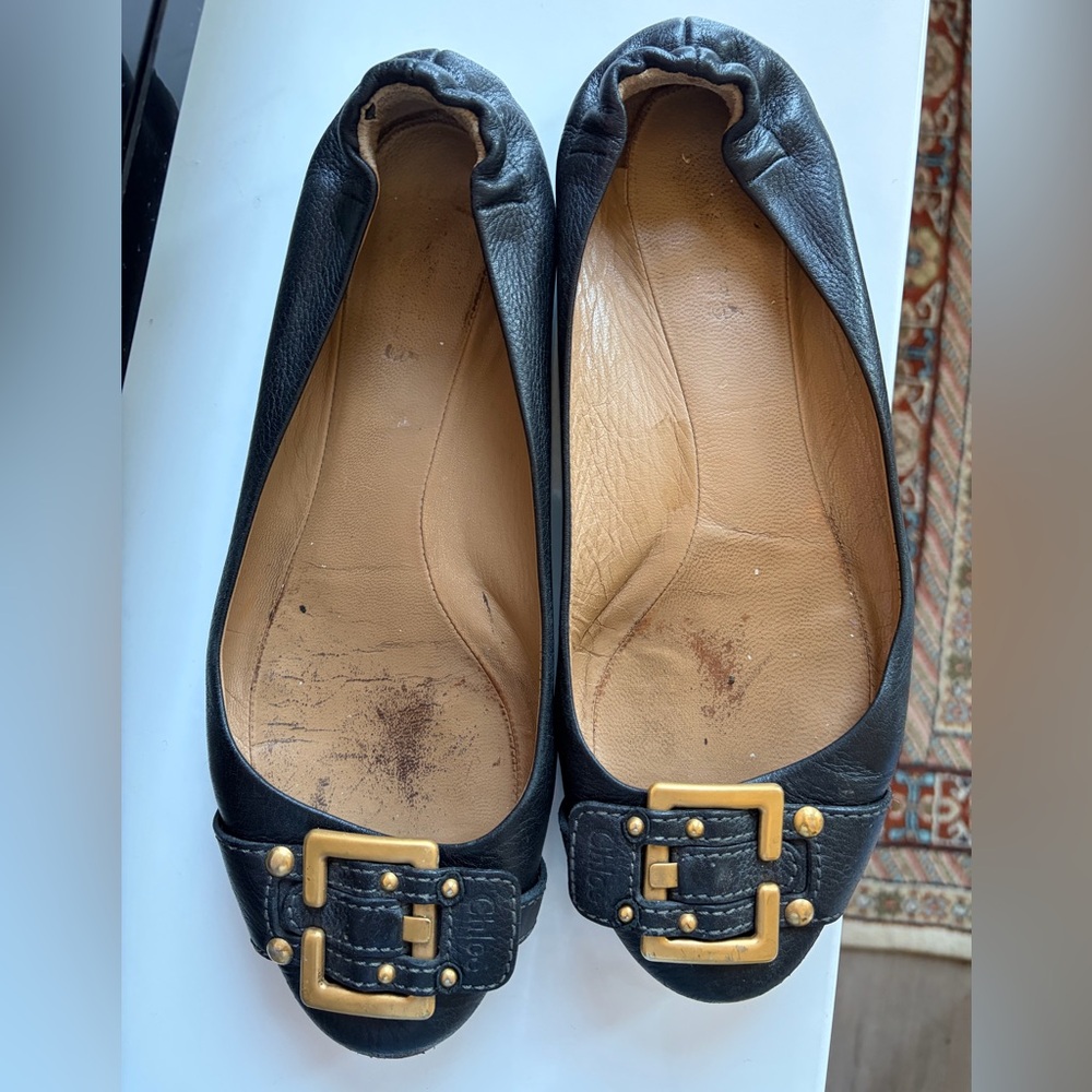 Chloe Black Leather Ballet Flats with Gold Buckle Hardware